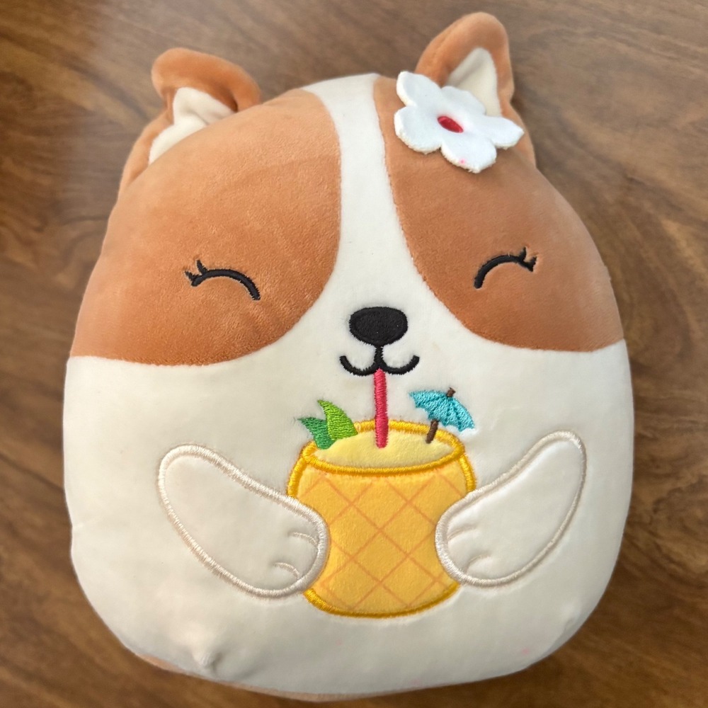 Squishmallows Regina the Corgi 7.5" Summer Pineapple Drink Plush Dog Tan White